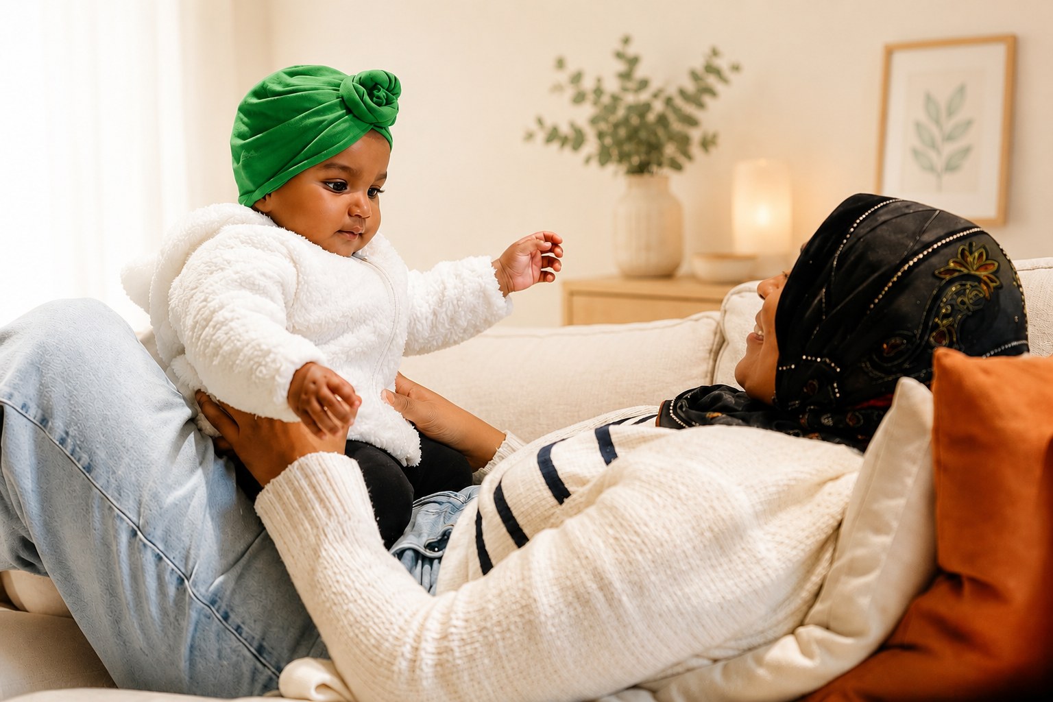 Mother playing with her baby at home