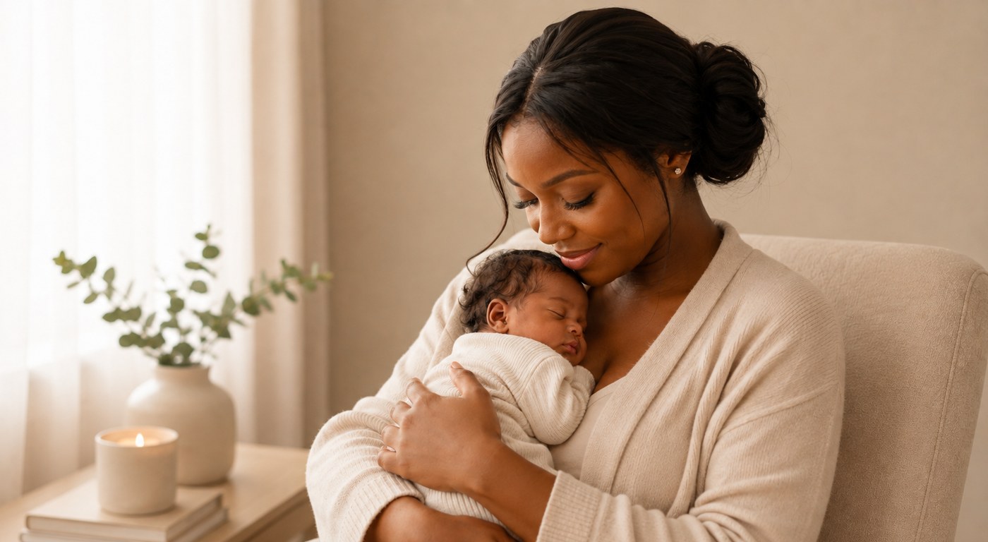 Mother holding her sleeping newborn at home