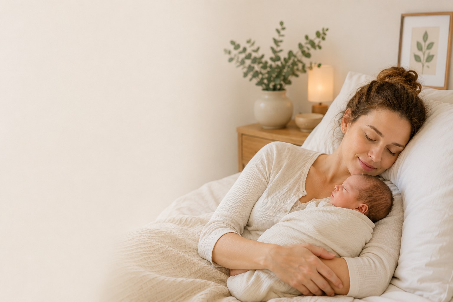 Mother resting peacefully with her sleeping newborn at home